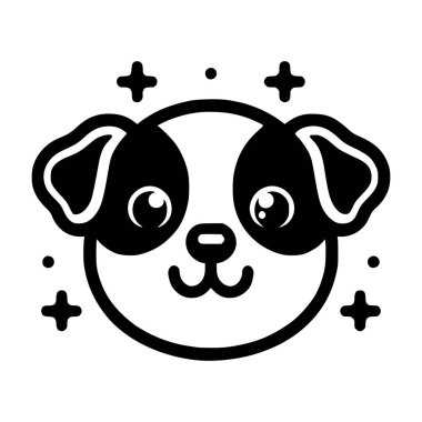 Bir köpeğin kafasının basit, büyüleyici bir vektör logosu beyaz bir arka planda sevimli, çizgi film ikonu olarak sunuluyor, büyük, anlamlı gözleri ve dostça bir ifadesi var, hepsi dekoratif yıldızların ve artı işaretlerin bulunduğu dairesel bir çerçeveye yerleştirilmiş.