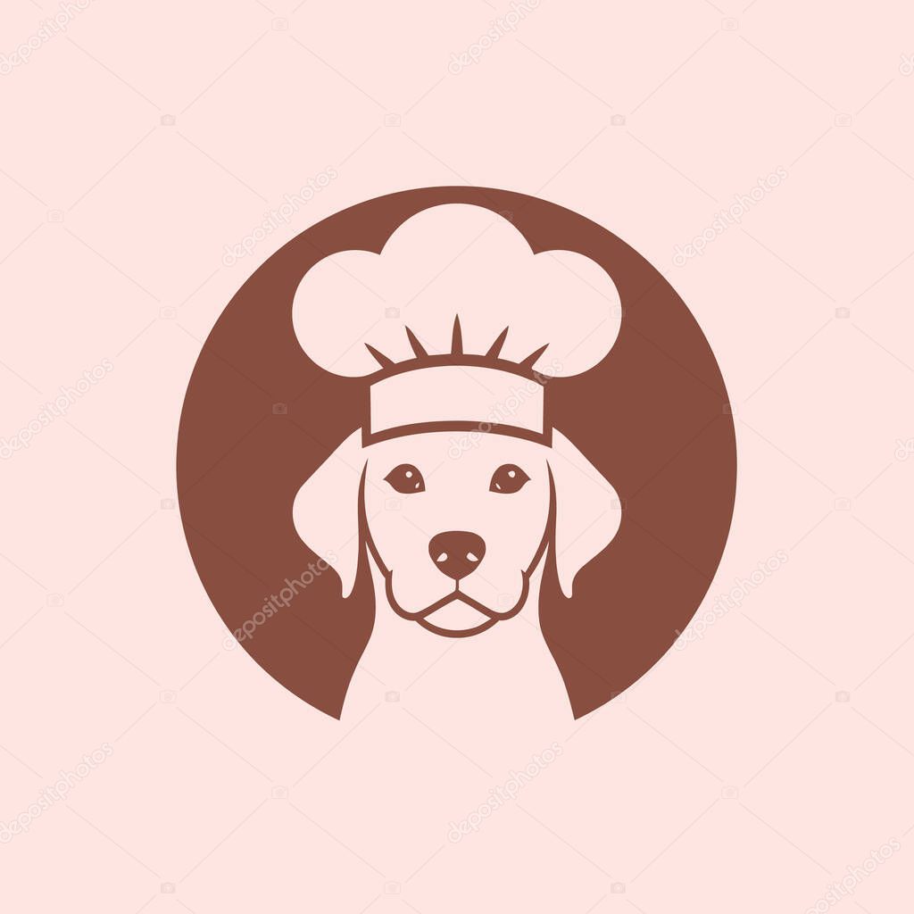 Creative logo design featuring a cute puppy wearing a chef hat inside a circular frame. The minimalist and modern design uses warm brown tones, giving a friendly and professional look. Perfect for pet food brands, dog bakeries, grooming services, or
