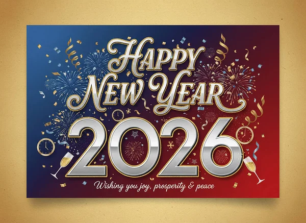 Metalik tipografi, havai fişekler, konfeti, şampanya bardakları ve kırmızı ve mavi gradyan arkaplanlı saatler içeren canlı bir 