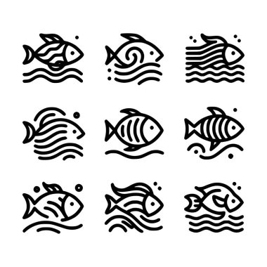 Dalgalar ve kabarcık elementleri olan temiz siyah çizgi şeklinde dizayn edilmiş minimalist balık simgeleri. Deniz ürünleri restoran logoları, balıkçı markaları, akvaryum temaları, deniz ürünleri ve okyanusla ilgili grafik tasarımları için mükemmel. Basit sanat eserleri onu tanımlıyor.