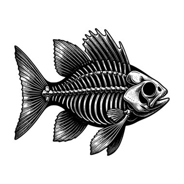 Siyah ve beyaz olarak son derece detaylı, klasik balık iskeleti çizimi. Gerçekçi ve klasik anatomik görünüş için oyma ve noktalama teknikleriyle tasarlandı. Dövme sanatı, balık markası logoları, giysi baskıları, deniz ürünleri için mükemmel.