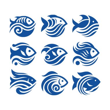 Dalgalı ve girdap elementli mavi renkli soyut balık simgeleri. Su, okyanus yaşamı, özgürlük ve akışı sembolize eden modern su vektör koleksiyonu. Deniz ürünleri restoranları, deniz ürünleri şirketleri, balıkçılık markaları ve su temalı logo tasarımları için mükemmel.