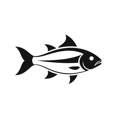 Siyah ve beyaz soyut balık şekli vektör çizimi. Minimalist tasarım tarzında basit ve zarif balık silueti. Deniz ürünleri logoları, balıkçı markaları, deniz ürünleri, su ikonları, restoran kimliği veya dövme tasarımları için mükemmel.