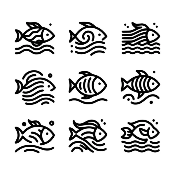 Dalgalar ve kabarcık elementleri olan temiz siyah çizgi şeklinde dizayn edilmiş minimalist balık simgeleri. Deniz ürünleri restoran logoları, balıkçı markaları, akvaryum temaları, deniz ürünleri ve okyanusla ilgili grafik tasarımları için mükemmel. Basit sanat eserleri onu tanımlıyor.