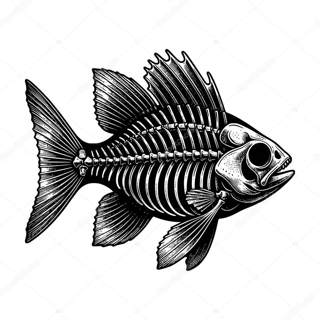 Highly detailed vintage-style fish skeleton vector illustration in black and white. Designed with engraving and stippling techniques for a realistic and classic anatomical look. Perfect for tattoo art, fishing brand logos, apparel prints, seafood res