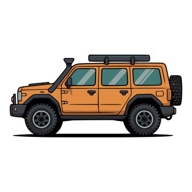 This vibrant illustration showcases a rugged orange off-road SUV, perfectly equipped for adventure