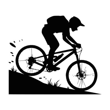 Dynamic black-and-white silhouette of a mountain biker riding downhill on a rugged trail, featuring dirt splashes, off-road terrain, and an action-packed cycling pose