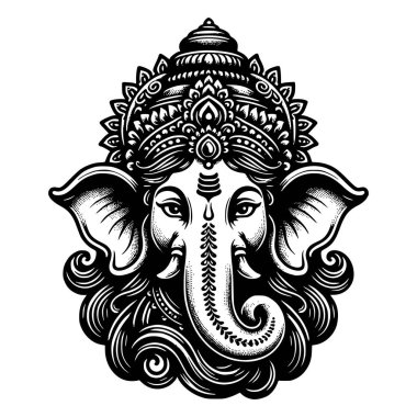 Hindu bilgelik ve refah tanrısı Ganesha 'nın detaylı siyah beyaz çizimi. Tasarım, onun ikonik fil kafasını, süslü başlığını ve karmaşık ayrıntılarını gözler önüne seriyor.