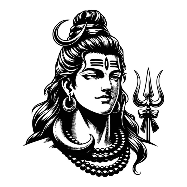 Hindu yıkım ve dönüşüm tanrısı Shiva 'nın ayrıntılı siyah ve beyaz vektör çizimi, dingin ilahi bir yüz, hilal ay, kutsal tripundra işaretleri, rudraksha boncukları ve trishul ()