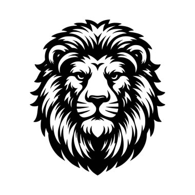Cesur bir siyah beyaz çizim, yelesini ve güçlü ifadesini sergileyen bir aslanın başını gösteriyor.