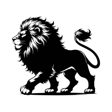 Beyaz bir arka planda yele ile yürüyen bir aslanın görkemli siyah silueti.