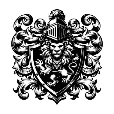 Ortaçağ şövalye kalkanı, miğfer ve süslü akanthus filigran tomarı içeren güçlü bir aslan armasının ayrıntılı siyah beyaz çizimi