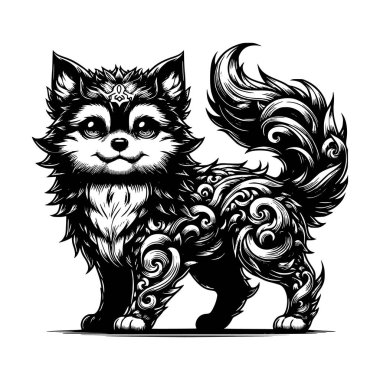Dekoratif kürk desenleri olan sevimli bir tilkinin ya da kurdun oldukça detaylı siyah ve beyaz vektör çizimi