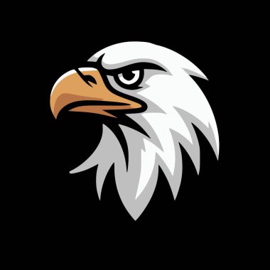 Beyaz tüylü bir kartal kafası logosu ve siyah arka planda kahverengi bir gagası vardır.