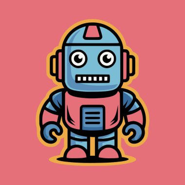 Bir resim, mavi başlı ve pembe arka planda pembe gövdeli çizgi film stili bir robot karakter içerir.