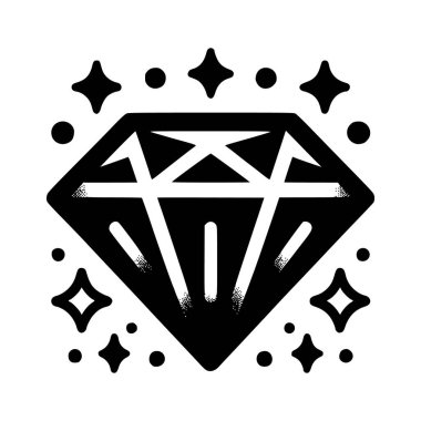 Yıldızlar ve noktalarla çevrili bir elmasın siyah beyaz simgesi ona ışıl ışıl bir etki yaratıyor.