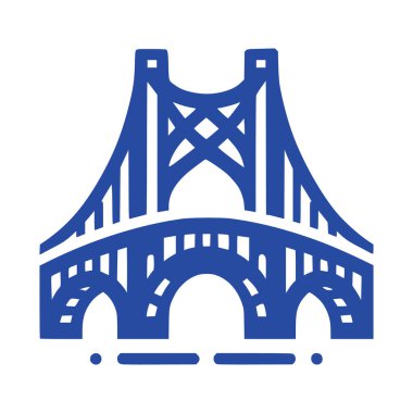 Temiz geometrik çizgiler ve simetrik yapıya sahip biçimlendirilmiş asma köprü silueti içeren modern mavi köprü logosu simgesi