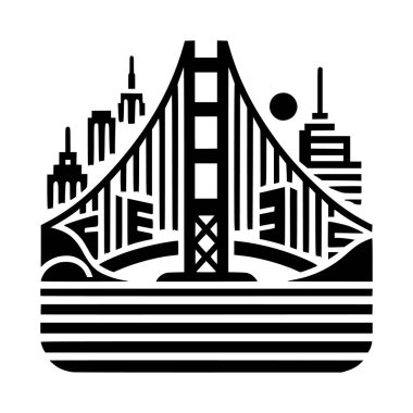 San Francisco siluetinden esinlenilmiş, cesur geometrik şekiller, şehir binaları ve temiz simetrik çizgiler içeren bir asma köprü tasviri.