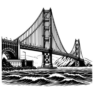 San Francisco 'daki Golden Gate Köprüsü' nün siyah-beyaz bir temsili. Detaylı dalgalarla suyun üzerinde yayılıyor.