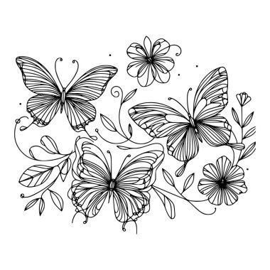 Kelebekleri, çiçekleri ve yaprakları minimalist tarzda gösteren siyah ve beyaz çizgili bir sanat eseri.