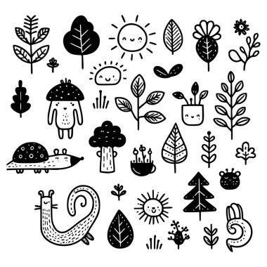 Ağaçlar, yapraklar, bitkiler, mantarlar, güneş, orman hayvanları ve basit bir el çizimi tarzında botanik ikonları içeren sevimli doğa karalama elementleri koleksiyonu.