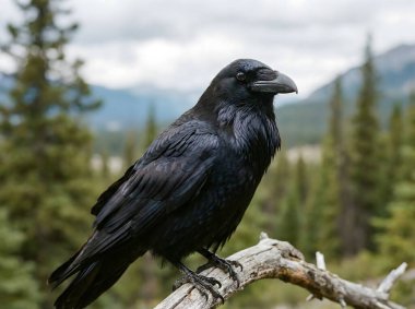 Dağların ve ağaçların bulanık arka planına sahip bir dalın üzerine tünemiş bir kuzgunun ayrıntılı portresi.