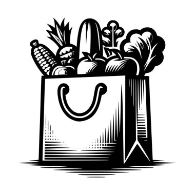 Mısır, havuç, yapraklı yeşillikler, domatesler ve ekmek de dahil olmak üzere taze sebzelerle dolu bir alışveriş poşetinin tek renkli vektör çizimi