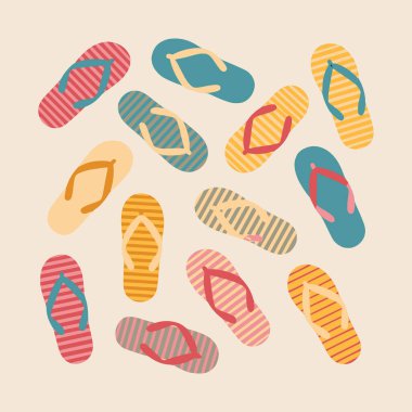 Canlı ve eğlenceli bir resimde dağınık bir desen içinde düzenlenmiş renkli parmak arası terlikler sergileniyor.