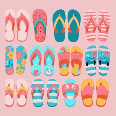 Renkli parmak arası terliklerin yer aldığı hareketli ve hareketli bir şablon. Yaz temalı tasarımlar, plaj giysileri ve tatille ilgili projeler için mükemmel.