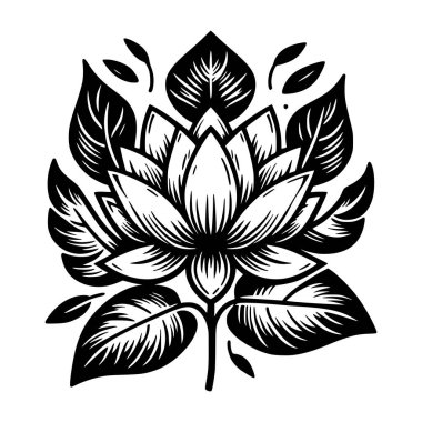 Zarif el yapımı nilüfer çiçeği çizimi. Etrafı dekoratif yapraklarla çevrili. Siyah çizgili cesur bir sanat tarzı.