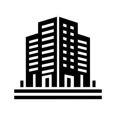 Modern şehir mimarisini ve ticari gayrimenkulleri temsil eden siyah silüet ile yapılmış temiz ve minimalist bir yapı ikonu.
