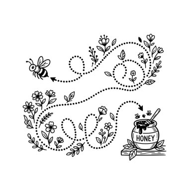 Dekoratif çiçek ve yapraklarla çevrili bir yolda uçan şirin bir arıyı gösteren el çizimi siyah ve beyaz çizgiler bir bal kavanozuna öncülük ediyor.