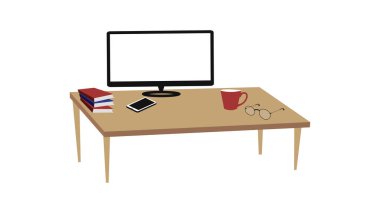 Bilgisayar masası, kitaplar, cep telefonu