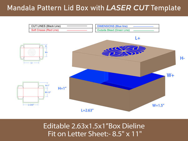 Mandala patterned Lid box Laser cut Dieline Template