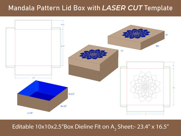 Mandala patterned Lid box with Laser cut Dieline Template