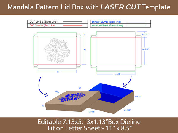 Stenciled Mandala patterned Box With Slide Lid Dieline Template