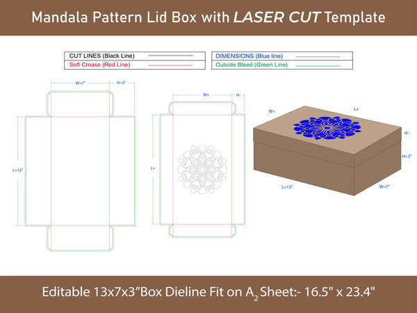 Stenciled patterned lids box Laser cut Dieline Template