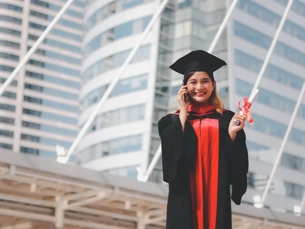 Happy Asian Graduated Women Graduation Gowns Holding Diploma Smiling Talking — Stock Photo, Image