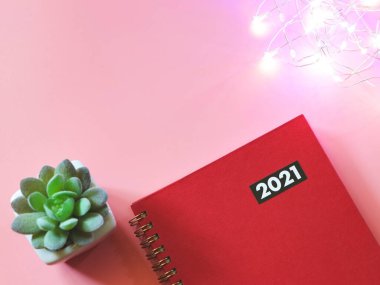 Kırmızı günlük ya da 2021 yılının en iyi görüntüsü sulu saksı ve pembe arka planda parlayan sicim ışıklarıyla. Yeni yıl 2021 Planlama, Parlak planlama.