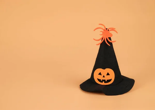 Vista Frontale Del Cappello Strega Halloween Decorato Con Testa Zucca — Foto Stock