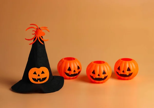 Vista Frontale Del Cappello Strega Halloween Decorato Con Testa Zucca — Foto Stock