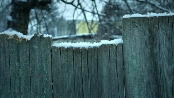 Háttér textúra hóesés kerítés régi táblák — Stock videók