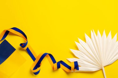 Ukrayna bayrağıyla kurdele ve Bağımsızlık Günü onuruna bir kağıt yelpaze..