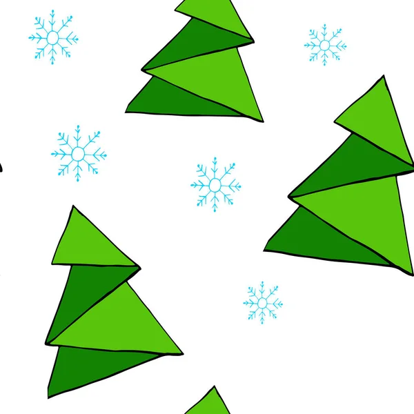 Padrão de vetor de árvore de Natal verde e flocos de neve para o ano novo e Natal. Atributos do ano novo para a ilustração das crianças, fazendo papel de embrulho, web design, livros infantis. — Vetor de Stock