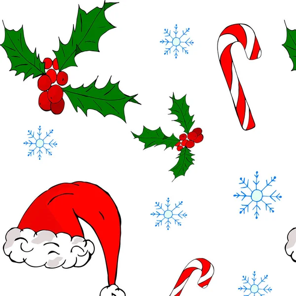 Vector pattern of Christmas and new year, snowflakes, Holly, Santa hat and Lollipop. — Stock Vector