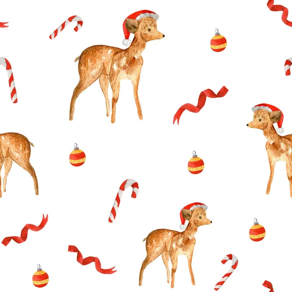 Acquerello modello senza soluzione di continuità con illustrazioni di Natale. Un simpatico cerbiatto con cappello di Natale, caramelle, nastro, Natale. Illustrazione per bambini per carta da imballaggio, tessuti, gioielli. — Foto Stock