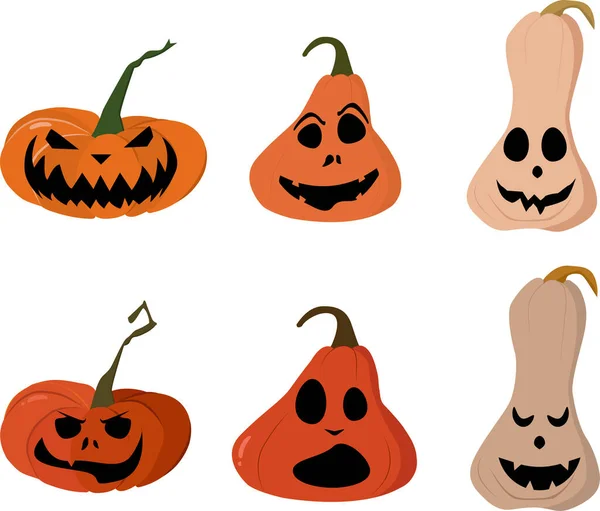 Un ensemble de citrouilles effrayantes vectorielles avec des visages pour les vacances d'Halloween — Image vectorielle