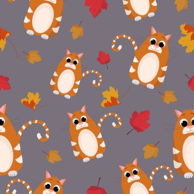 Kırmızı bir kedi ve sonbahar yapraklarının kusursuz vektör deseni