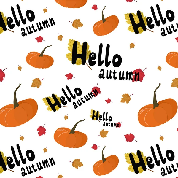 Vector illustratie hallo herfst, geel rood blad, pompoen — Stockvector