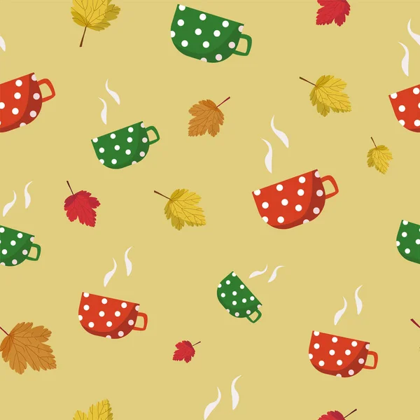 Vectorpatroon van rode en groene mokken met een warme drank en herfstbladeren — Stockvector